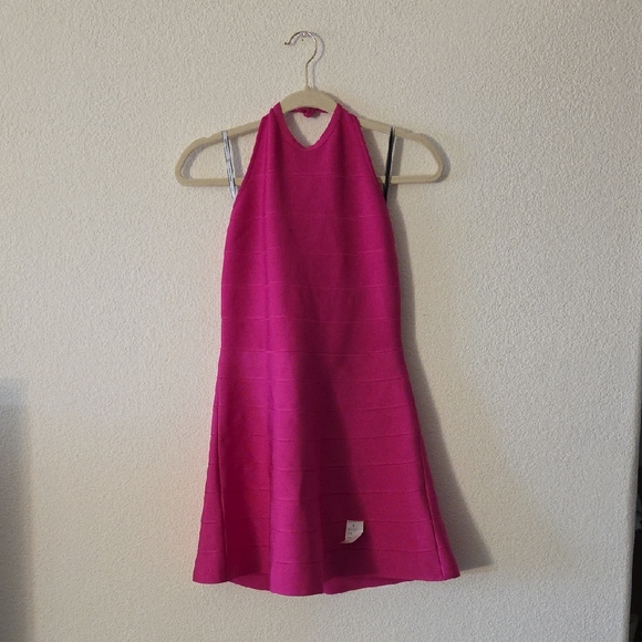 Herve Leger Dresses & Skirts - Herve Leger Vibrant Pink High Neck Halter Mini Dress